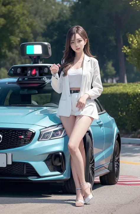 Artificial intelligence self-driving car driver robot, Robot is a cute girl, Riding in a colorful car, The robot is the driver, Photorealistic, Octane Rendering, Unreal Engine, Ultra-realistic, Masterpiece, full body shot