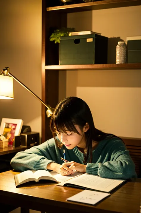 A cute Japanese girl studying or working at her desk、relax、night、Real