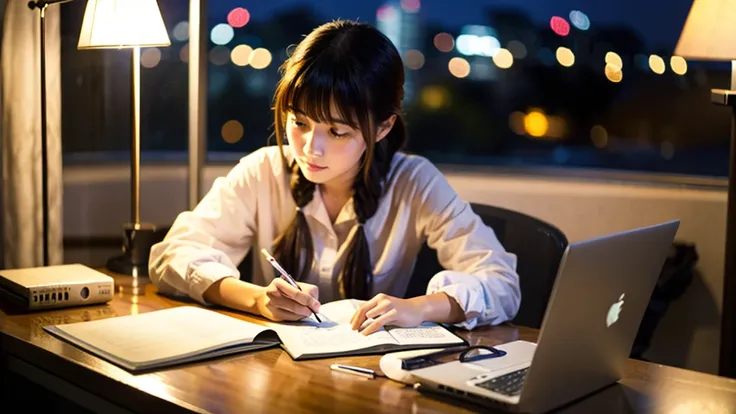 A cute Japanese girl studying or working at her desk、relax、night、Real