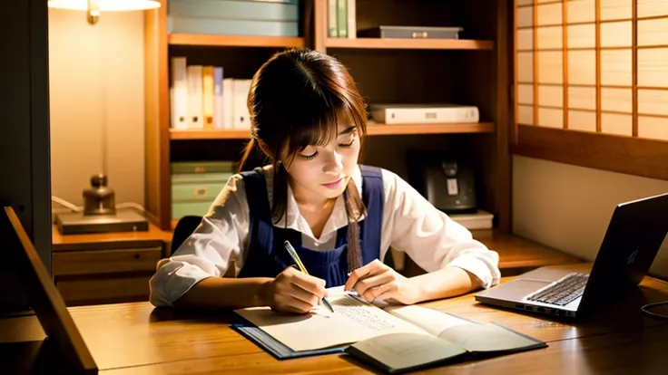 A cute Japanese girl studying or working at her desk、relax、night、Real