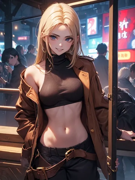 ((Top Quality、 Masterpiece、Details)), Perfect Face、(((Courtship behavior、slut、Seduction、big tits)))、(turtleneck, baggy pants, jacket)、((Nightclubs))、nsfw、grin、small bag