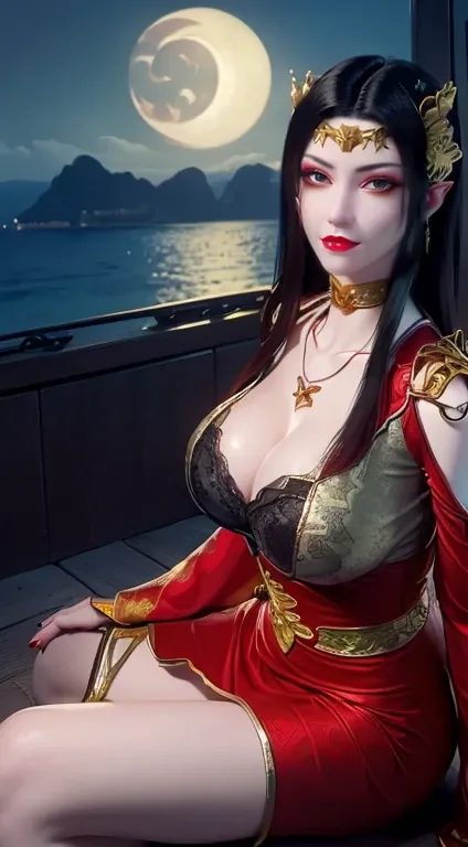 1 extremely beautiful queen, ((wearing traditional red hanfu with thin black patterns:1.6)), (((Patterns on clothes:1.6))), ((long black hair:1.6 )), elaborately crafted jewelry from precious stones and beautiful hair, (((wearing a 24k gold lace necklace:1...