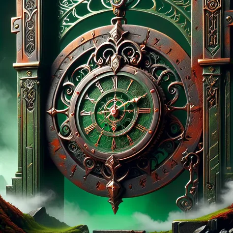 hyper detailed masterpiece, dynamic, awesome quality,DonM0ccul7Ru57XL , comfy pocket watch gate ,rust, green and red moss