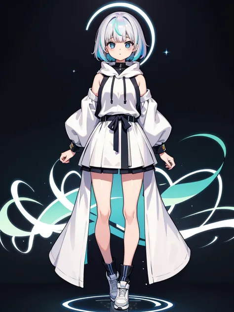 1 person girl、pleochroism、A loose-fitting jersey-style long hoodie in holographic colors、Ribbed knit cuffs and hem、Vtuber whole body、Milky white short hair、Standing figure facing the viewer、Simple Background、highest quality、Masterpiece、Official Art、8K、