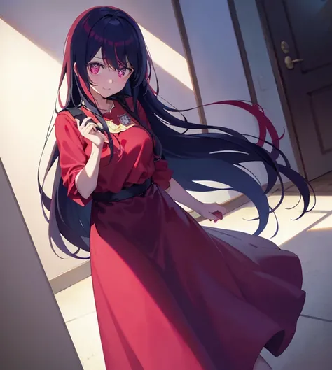 Masterpiece, best quality, very detailed, illustration, warm light, bright colors, 1 girl, alone, long_hair, smooth, sweep_smooth, star shaped pupil_eyes, purple_hair,

red_set, raise your arms, Arm hole, shaded face,red outfit,

a woman in a red and black...