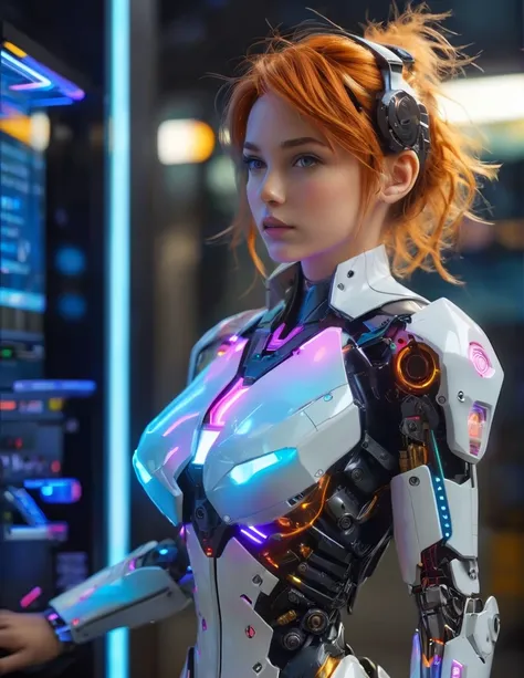 (Best quality,4K,8K,A high resolution,Masterpiece:1.2), Ultra-detailed, (Realistic,Photorealistic,photo-realistic:1.37), Large futuristic charging station, Woman [Elizabeth II:Maude Adams:0.3] charging, Short hair, Cute cyborg girl leaning against the wall...