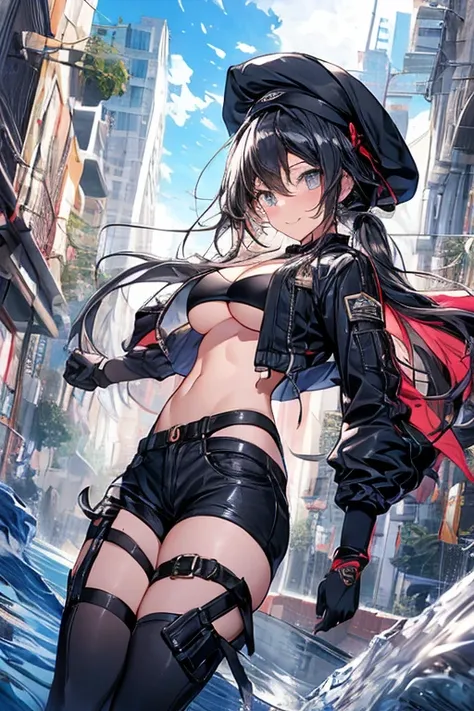 ubel,((ubel of Frieren: Beyond Journeys End )),dark green hair,long hair,side ponytail,hair between eyes,bangs, BREAK (beret, black jacket, open clothes, cleavage, midriff, black shorts, black thighhighs, thigh strap, fingerless gloves, single glove:1.2) ,...