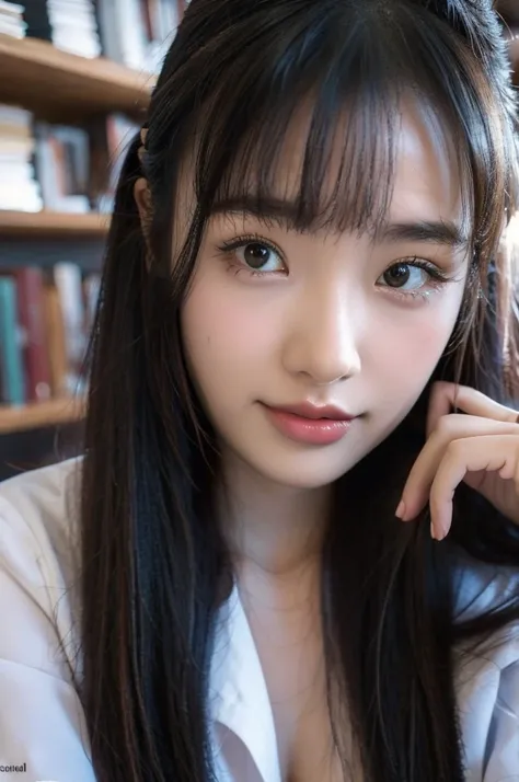 best quality, 8k, highly detailed face and skin texture, high resolution, cute asian girl in library