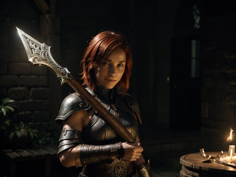 1girl with medium chest,8k, best quality, highres, realistic, real person, A warrior facing a demon lord, more lightly armored this time, with a mischievous, cunning smile. The warrior has short red hair and wields a large, ornately decorated axe. The sett...