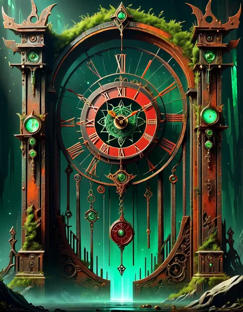 hyper detailed masterpiece, dynamic, awesome quality,DonM0ccul7Ru57XL, comfy, pendulum clock gate, rust, (green algea:0.3, red algea:0.7)