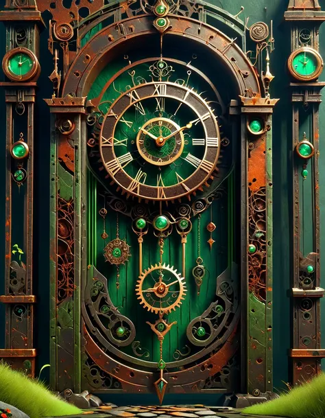 hyper detailed masterpiece, dynamic, awesome quality,donm0ccul7ru57xl, comfy, pendulum clock gate, rust, (green algea:0.3, red a...