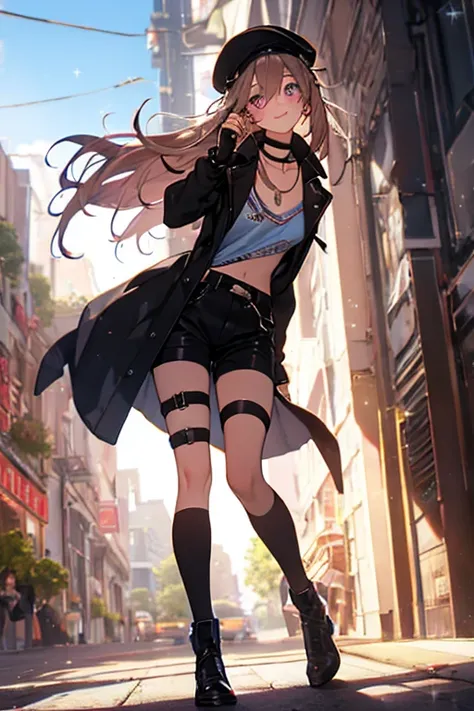 ubel,((ubel of Frieren: Beyond Journeys End )),dark green hair,long hair,side ponytail,hair between eyes,bangs, BREAK (beret, black jacket, open clothes, cleavage, midriff, black shorts, black thighhighs, thigh strap, fingerless gloves, single glove:1.2) ,...