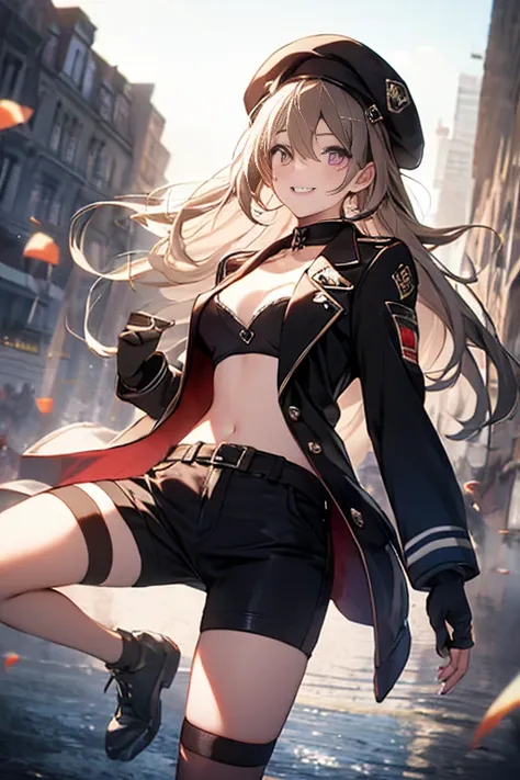 ubel,((ubel of Frieren: Beyond Journeys End )),dark green hair,long hair,side ponytail,hair between eyes,bangs, BREAK (beret, black jacket, open clothes, cleavage, midriff, black shorts, black thighhighs, thigh strap, fingerless gloves, single glove:1.2) ,...