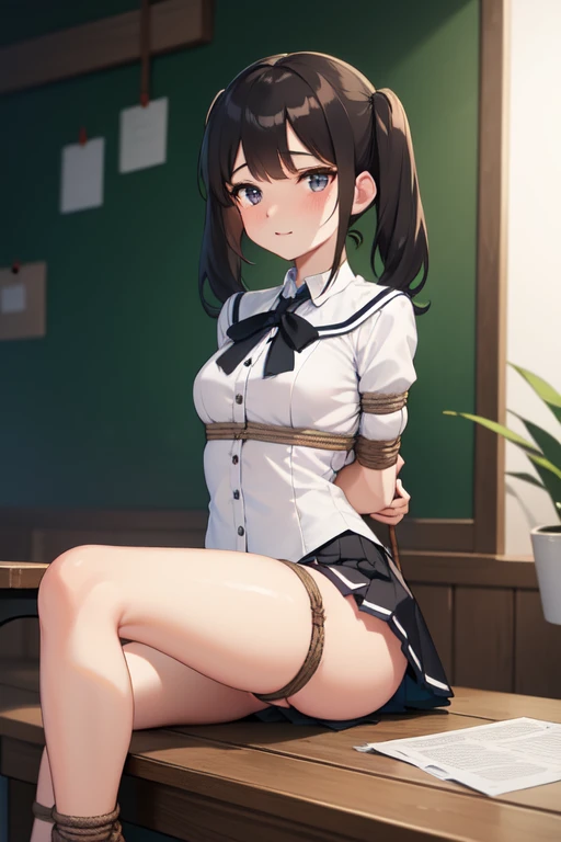 ((best quality)), ((Meisterwerk)), (detailed), perfektes Gesicht, Perfekte Anatomie, 4k resolution, big thighs, pig breasts, small waist, school girl, (18), twintails, Black Hair, Black Mini skirt, (Bound Wrists, Ankless with Rope, Turn arms behind the bac...