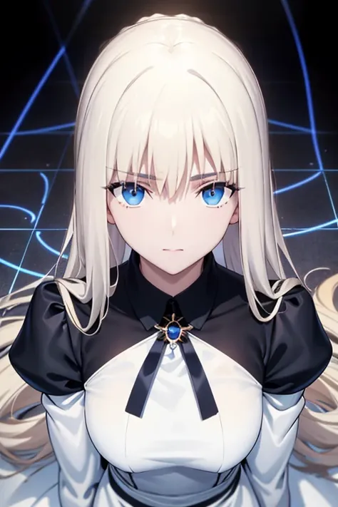 Altria，A girl，Empty laboratory，black eyes,,blue eye shadow,In a hypnotic state，Empty eyes，Circle eyes，Top view perspective，Unify temptation，Office ladies uniform，Black pantyhose，Black long hair，White shirt，Controlled by hypnosis，no pupils，