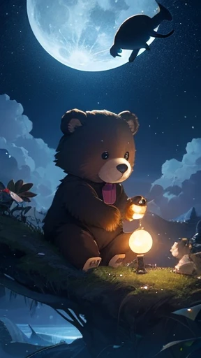 Prompt: "Bear cub and a firefly flying towards a full moon, starry sky, whimsical clouds, dreamlike atmosphere"