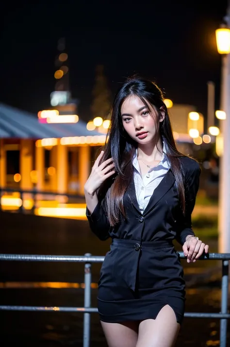 best quality, 8k, highly detailed face and skin texture, high resolution, cute asian girl stand in city at night