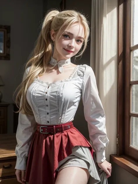 best quality, (masterpiece:1.2), detailed,
1girl, solo, closed mouth, smile,
ponytail, long hair, blonde hair, blue eyes,
red shirt, long sleeves, white corset, grey skirt, belt,
looking at the viewer,
indoors, night, underwear