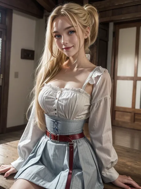 best quality, (masterpiece:1.2), detailed,
1girl, solo, closed mouth, smile,
ponytail, long hair, blonde hair, blue eyes,
red shirt, long sleeves, white corset, grey skirt, belt,
looking at the viewer,
indoors, night, underwear