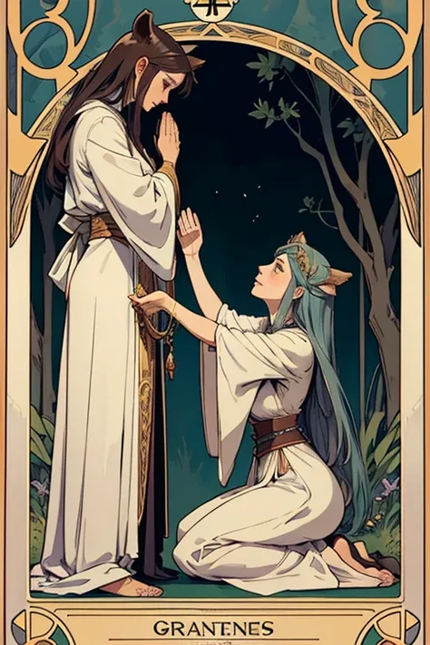 Tarot cards, High Priestess, the (Bear eared Goddess), Long white robe, art, Alphonse Mucha, profile view, Show Ursala giving a benediction over a young hunter kneeling before her. The hunter clutches a weathered map, symbolizing their desire for guidance....