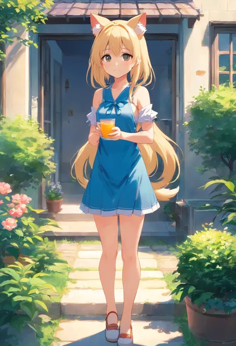 (Long blonde hair and cat ears)，Anime girl in a blue dress stands in front of the house., loli in dress, small curvy , Cute anime waifu in pretty outfits, splash anime art , cute anime girl, beautiful anime girl, Anime purple girl with long hair, beautiful...