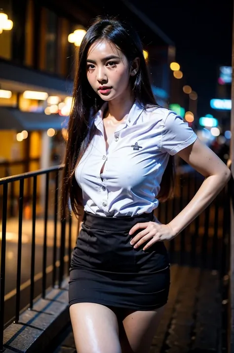 best quality, 8k, highly detailed face and skin texture, high resolution, big tits cute asian girl stand in city at night