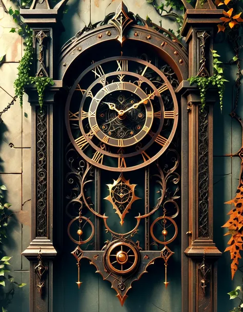 hyper detailed masterpiece, dynamic, awesome quality,DonM0ccul7Ru57XL, comfy, pendulum clock gate, rust, (black ivy:0.3, dead ivy:0.7)