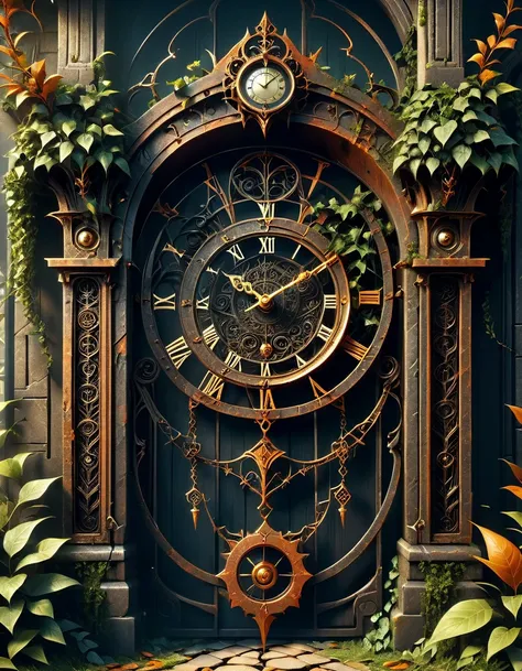 hyper detailed masterpiece, dynamic, awesome quality,DonM0ccul7Ru57XL, comfy, pendulum clock gate, rust, (black ivy:0.3, dead ivy:0.7)