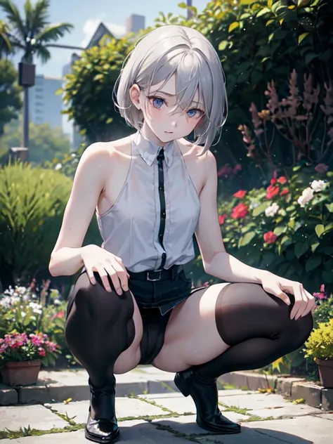 1 girl, (alone:1.2), ((masterpiece)), slim, , Pale skin, ((Delicate eyes)), (Bokeh effect), sweating, (Dynamic Angle), Face down, Gray Hair, short hair, exposing crotch、he&#39;clavicle, Underarm, (external), shy, garden, 8 inner legs,  crowd，A Cup，naked，Hi...