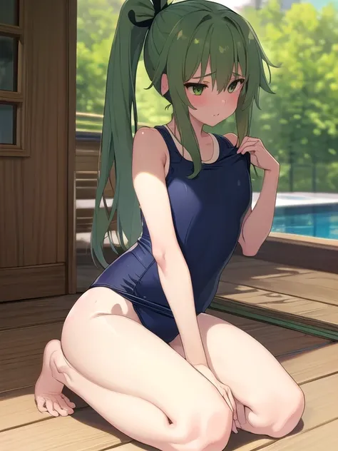 masterpiece, highest quality, Super detailed, 1 Girl,  Mion Sonozaki, Green Hair, Green Eyes, ponytail, surprise:1.3、blush、Normal chest、(((Navy school swimsuit:1.3))),Pool、Sitting、
Im on my knees:1.3,Wide-open legs