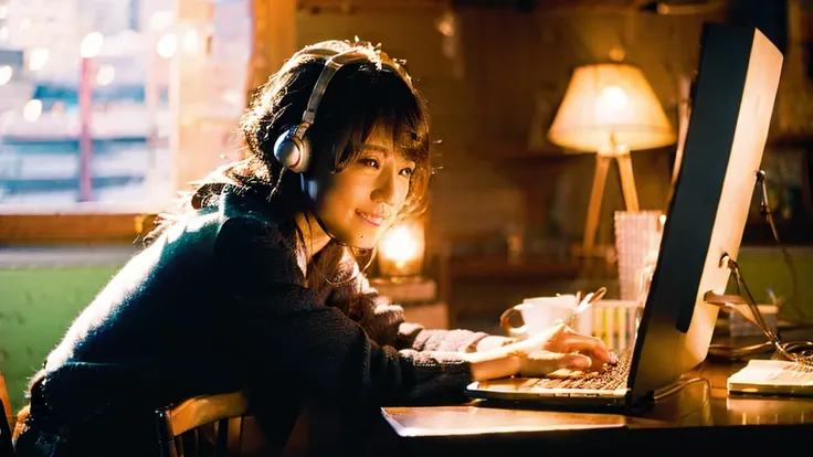 A cute Japanese girl studying or working at her desk、relax、night、Real、focusing、Gentle feeling、wearing headphones、Side view