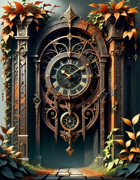 hyper detailed masterpiece, dynamic, awesome quality,DonM0ccul7Ru57XL, comfy, pendulum clock gate, rust, (black ivy:0.3, dead ivy:0.7)