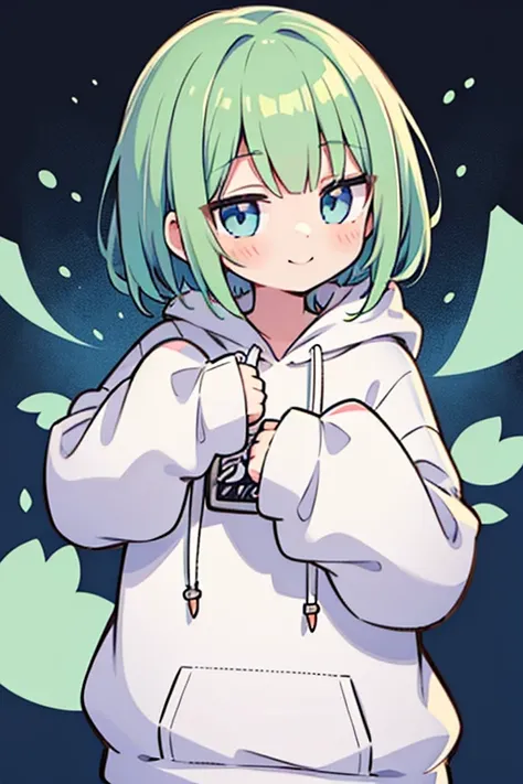 anime,manga,1girl, solo, hood, blue eyes,short hair, long sleeves, bangs,white hoodie,looking at viewer, green hair, puffy long sleeves, hoodie, puffy sleeves,drawstring, blush, closed mouth, virtual youtuber, sleeves past wrists, smile