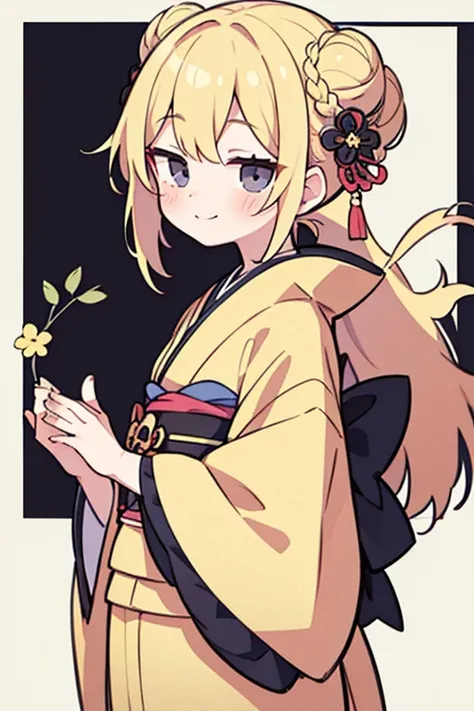 masterpiece,best quality, 1girl, hair bun,pastel yellow hair, black eyes, smile, solo,closed mouth,kimono, border, looking at viewer, blush, japanese clothes