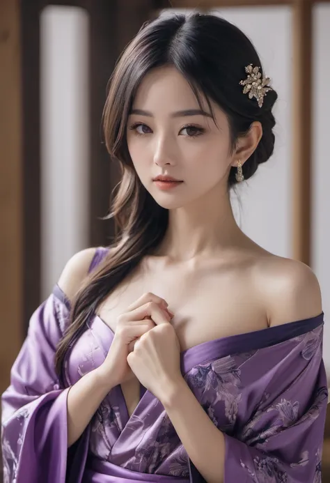 Arabian Asian woman in purple dress taking a photo, Shot with Canon EOS R 6, A stunningly elegant pose, Shot with a Canon 5D MK4, Elegant pose, Yoshitomo Nara, Graceful seduction pose, Japanese Goddess, Mid Shot Portrait, wearing a dark silk robe, A sophis...