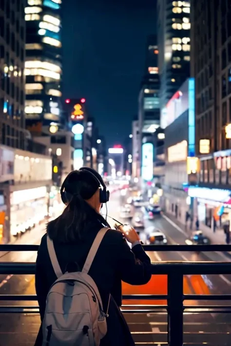 Animation, Listening to music with headphones, School girl, Girl in , Rear view, View of bustling city, Night