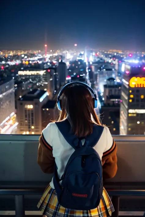 Animation, Listening to music with headphones, School girl, Girl in , Rear view, View of bustling city, Night