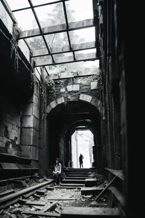 moss,Inside the ruins,narrow eyes,Showa,Glasses,Women,adventure,Black and White,