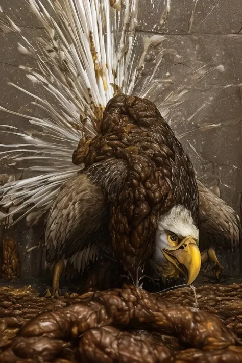 photorealistic, solo, ((((ass up, feral eagle)))), hyper realistic, cinematic colors, cinematic lighting, incredible detail, 16k resolution, award winning photography, ((((feral, front view)))), ((((feces, scat, hyper feces spatter on wall, projectile fece...