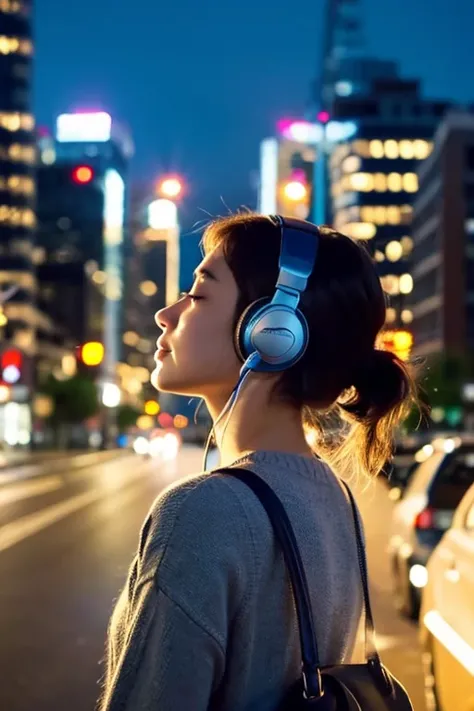 Animation, Listening to music with headphones, Female, Rear view, View of bustling city, Night