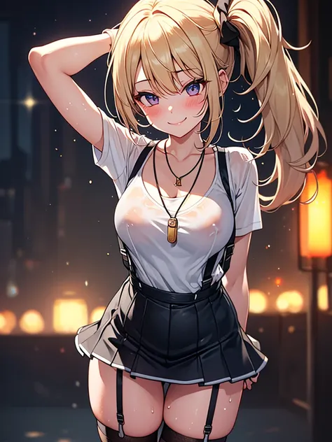  (highest quality, High resolution, perfect pixel, Depth of bounds written, 4K), detailed eyes, (1 girl), perfect body, medium breasts, blond hair, (side ponytail), white t-shirt, see through, (v-neck), (black suspender skirt), necklace, (kneehighs), (stan...