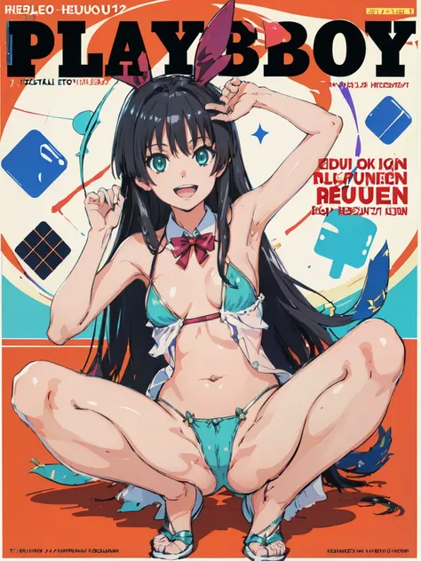 PlayboyCoverQuiron style, playboy cover, (High resolution:1.4), (masutepiece:1.2), (High quality:1.3) 1girl, saten ruiko, green eyes, long hair, black hair, small breast, smile, open mouth