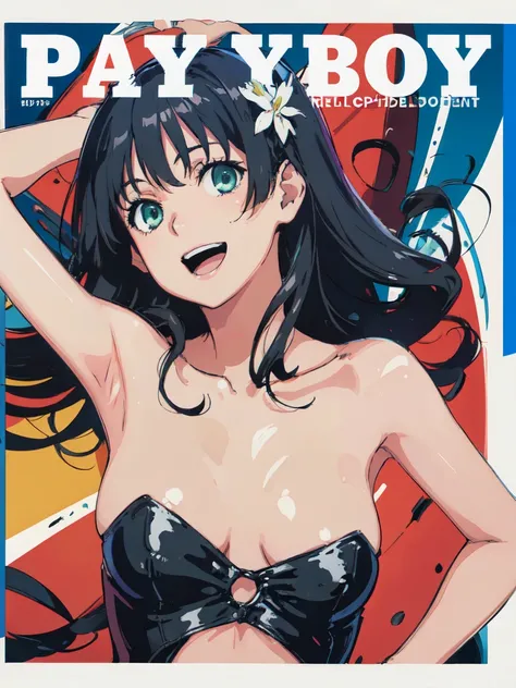 PlayboyCoverQuiron style, playboy cover, (High resolution:1.4), (masutepiece:1.2), (High quality:1.3) 1girl, saten ruiko, green eyes, long hair, black hair, small breast, smile, open mouth