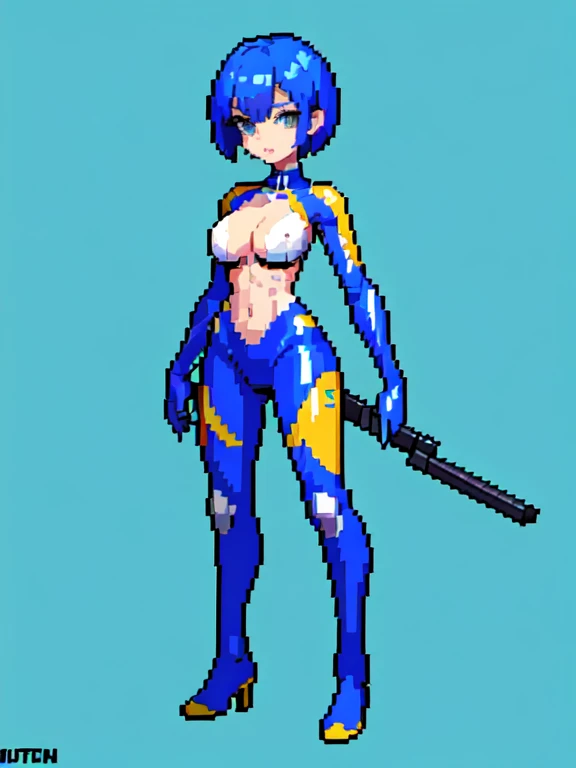 (masterpiece, top quality, best quality), pixel,pixel art,1girl with big chest,blue hair,short hair,hold a rifle,pistol,war suit,full body, 
 