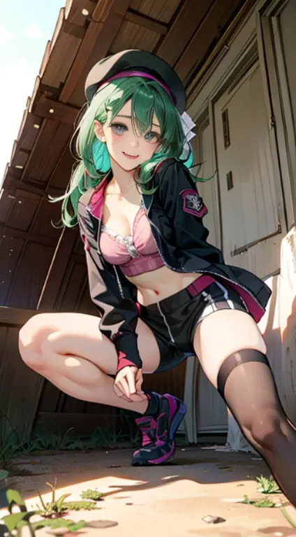 ubel,((ubel of Frieren: Beyond Journeys End )),dark green hair,long hair,side ponytail,hair between eyes,bangs, BREAK (beret, black jacket, open clothes, cleavage, midriff, black shorts, black thighhighs, thigh strap, fingerless gloves, single glove:1.2) ,...