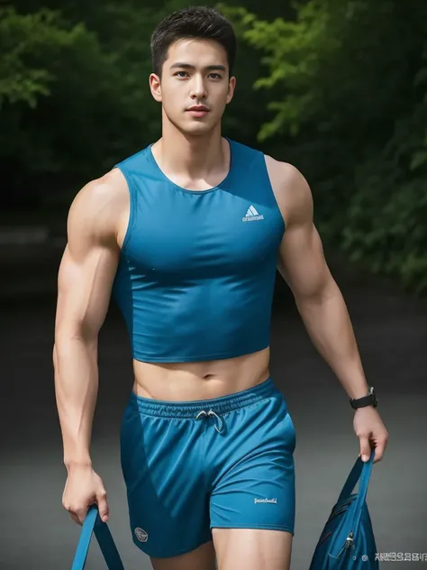 Firefighter in his 20s，Full chest muscles，Has short black hair， blue eyes，Sexy and charming expression，Wear green training clothes、Blue shorts, Big bag highlights，High resolution, masterpiece, Best quality, head:1.3,((Hasselblad Photo)), Delicate skin, Be ...