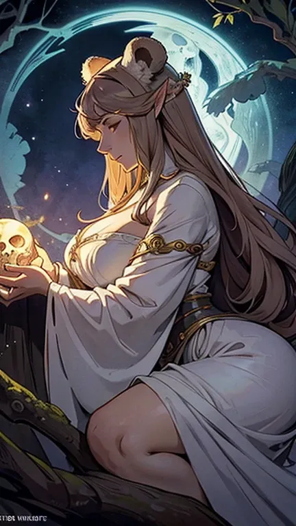 (Tarot cards:1), High Priestess, the (Bear eared Goddess), Long white robe, art, (Alphonse Mucha:1), profile view, Depict Ursala slumbering peacefully within a hollowed-out ancient redwood. Her bear skull hangs from a nearby branch bathed in moonlight. The...