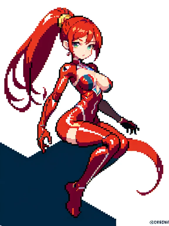 (masterpiece, top quality, best quality), pixel,pixel art,1girl with big chest,red hair,ponytail hair,,red cyborg suit,riding ,full body, 
 