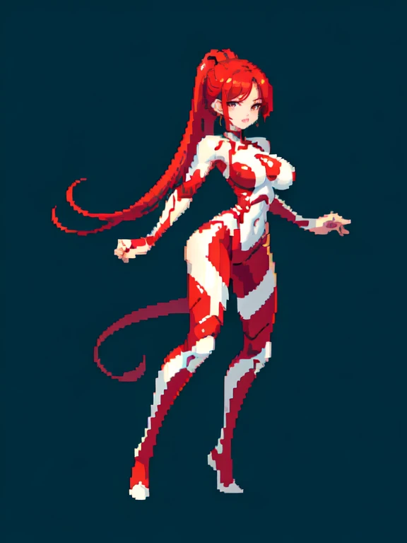 (masterpiece, top quality, best quality), pixel,pixel art,1girl with big chest,red hair,ponytail hair,,red cyborg suit,riding ,full body, 
 