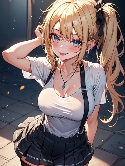  (highest quality, High resolution, perfect pixel, Depth of bounds written, 4K), detailed eyes, (1 girl), perfect body, medium breasts, blond hair, (side ponytail), white t-shirt, see through, (v-neck), (black suspender skirt), necklace, (kneehighs), (stan...